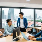 가치 기반 우선순위화와 기업 가치 평가 - **Vibrant Vietnamese Tech Startup Culture:** A brightly lit, modern open-plan office in Ho Chi Minh ...