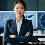 가치 기반 우선순위화의 인사이트 도출 - **Prompt:** "A Vietnamese professional woman, aged 30s, stands confidently in a modern, sunlit offic...