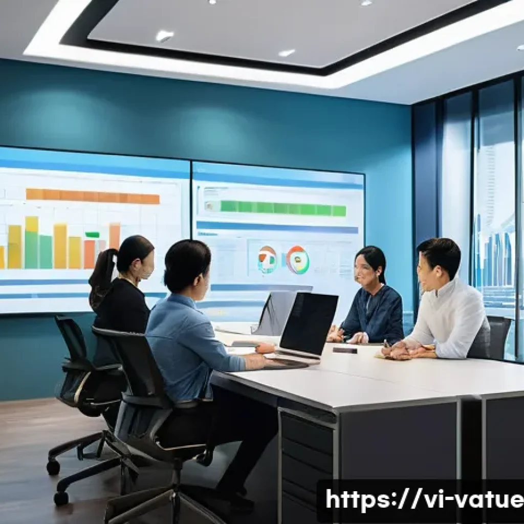 가치 기반 우선순위화의 최신 트렌드 - A modern Vietnamese office environment with a diverse team of professionals analyzing colorful custo...