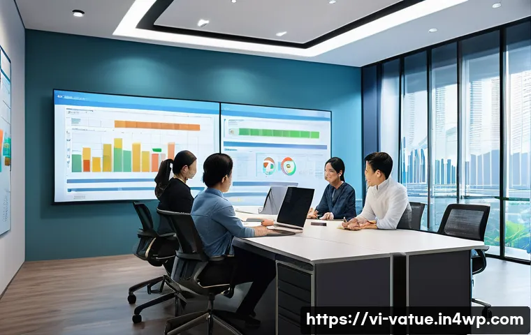 가치 기반 우선순위화의 최신 트렌드 - A modern Vietnamese office environment with a diverse team of professionals analyzing colorful custo...