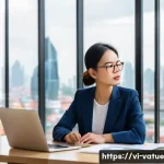Home 22 가치 기반 우선순위화 적용 사례 - A modern Vietnamese office scene showing a young professional woman thoughtfully prioritizing her ta...