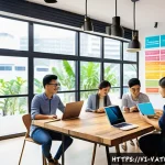 Home 21 가치 기반 우선순위화의 방법론적 접근 - A modern Vietnamese startup office scene showing a diverse group of young professionals collaboratin...