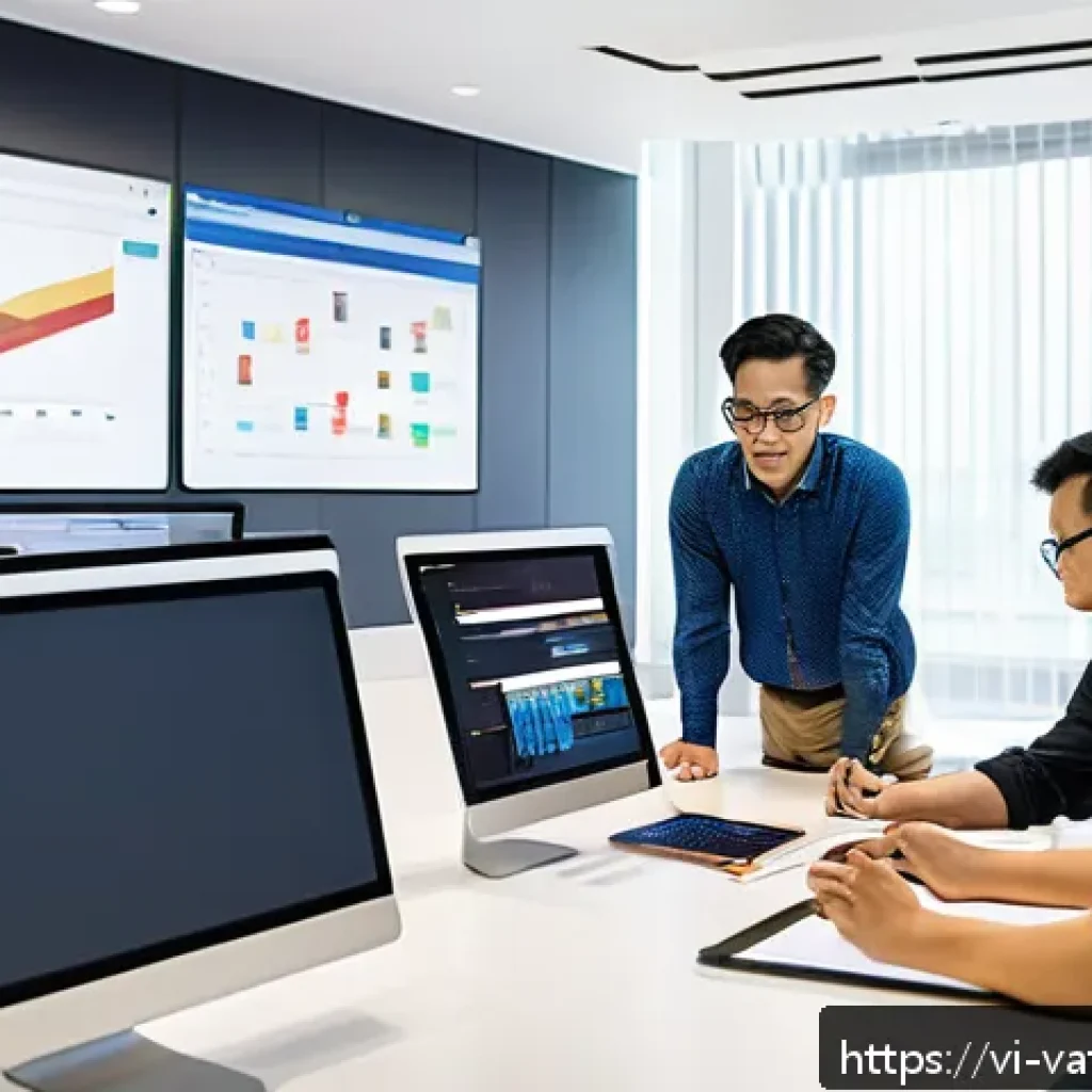가치 기반 우선순위화의 적합성 분석 - A modern Vietnamese IT project team in a bright office environment collaborating around a large digi...