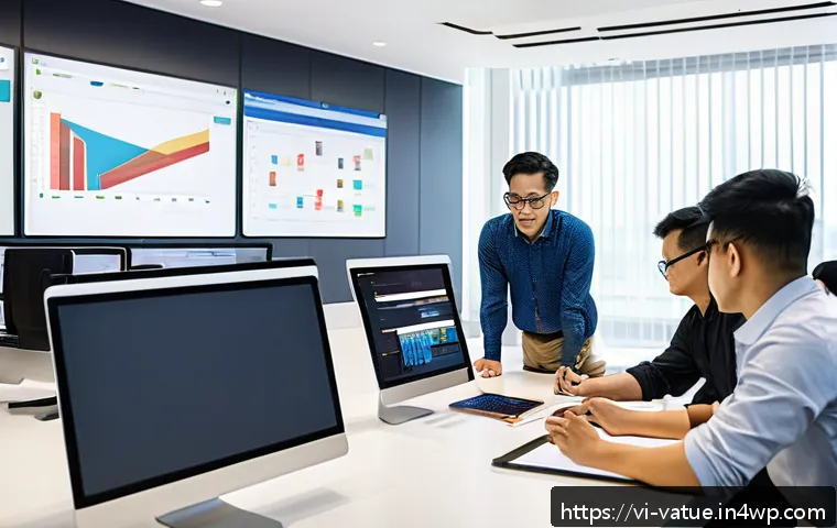 가치 기반 우선순위화의 적합성 분석 - A modern Vietnamese IT project team in a bright office environment collaborating around a large digi...