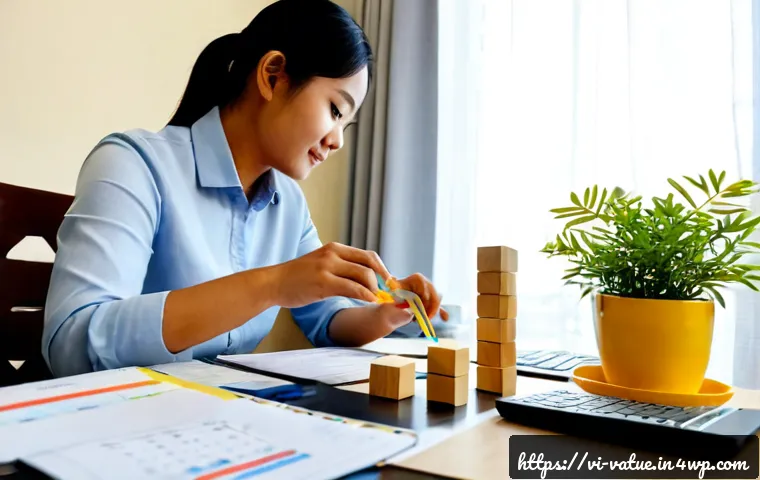 Home 17 가치 기반 우선순위화와 시스템 사고 - Photorealistic Vietnamese family business owner in a bright, tidy home office, calmly arranging four...